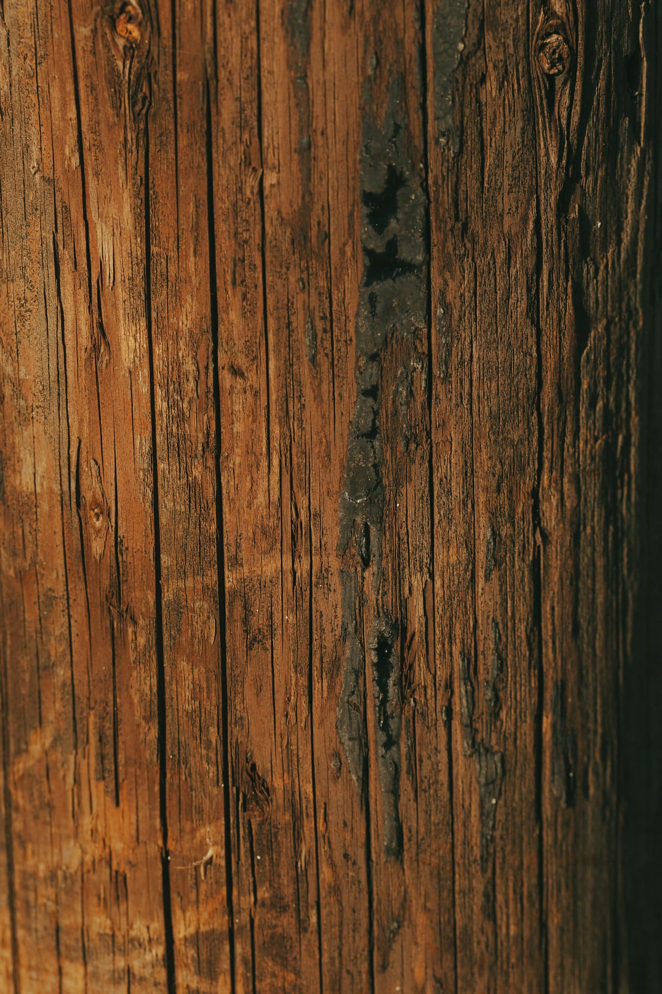 Tekstur af en træoverflade med tørret olietjære på den