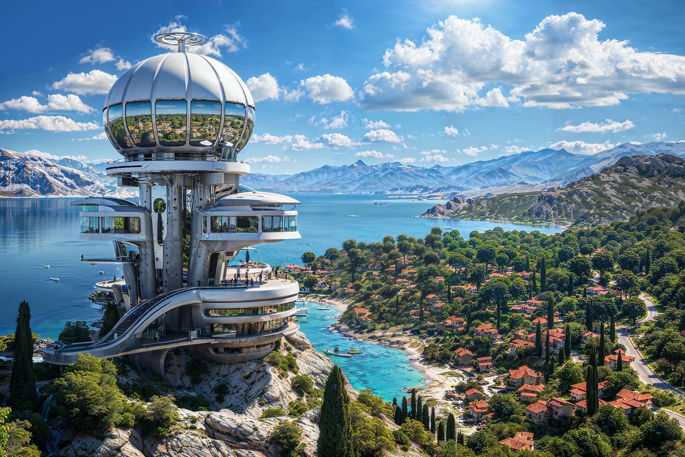 Unelmatalohuvila, jossa on moderni asuintorni ja terassi, jota ympäröi Adrianmeren ranta Kroatiassa