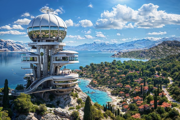Vila rumah impian dengan menara hunian modern dan teras dikelilingi oleh pantai laut Adriatik di Kroasia