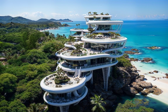 Futuristisk drømmehus villa med terrasse ved stranden ved Adriaterhavet i Kroatien