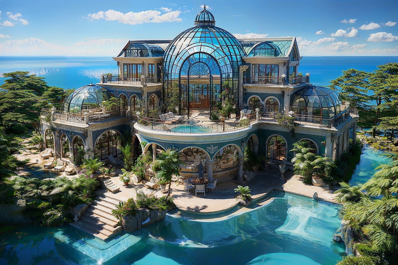 Veľký dom s bazénom a veľkou sklenenou strechou