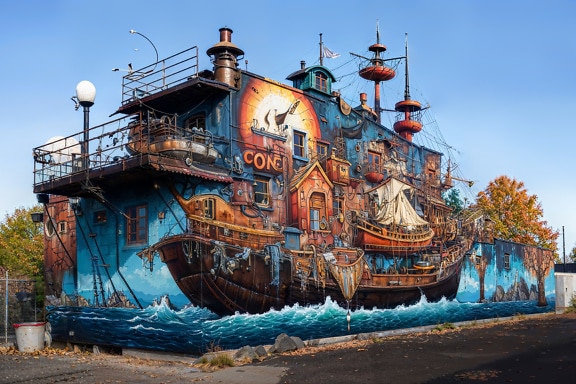 Painted ship on the side of a road, exterior of a house