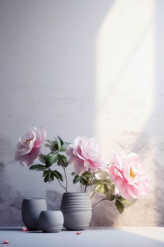 Ilustrace šedé vázy s květinami