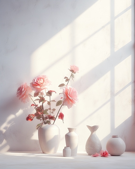 Vase med rosa blomster og beige vaser på et bord på mykt lys av vinduet