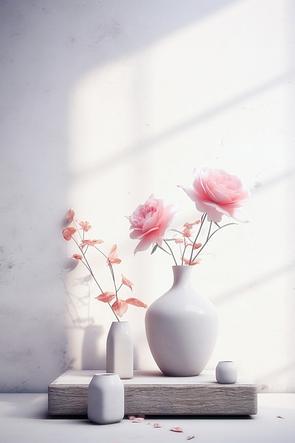 Weiße Keramikvase mit rosafarbenen Rosenblüten darin