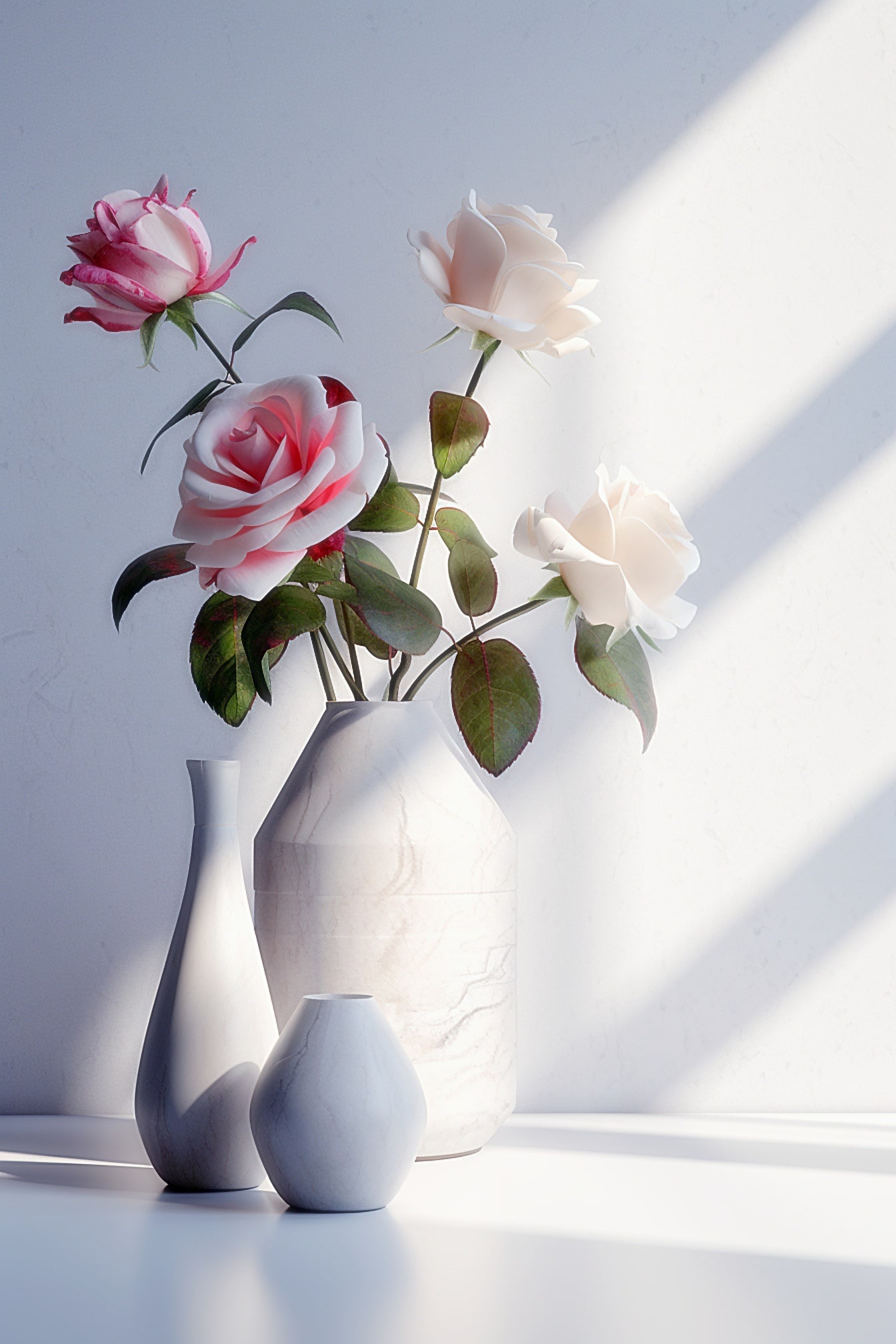 Beige marmorvase med rosenblomster i den