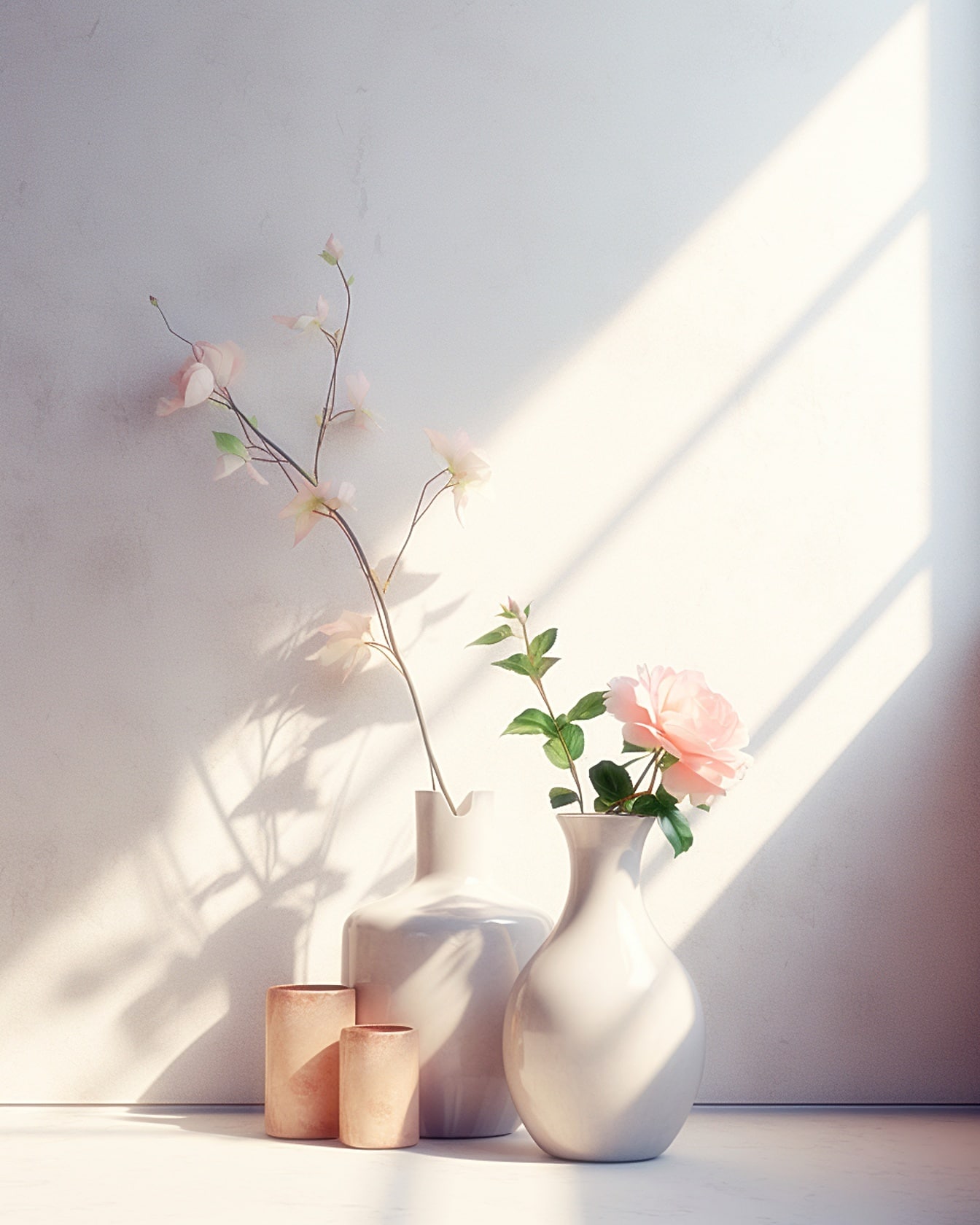 Kaksi posliinivalkoista maljakkoa, joissa on valkoisia ruusunkukkia, pöydällä pehmeässä valossa