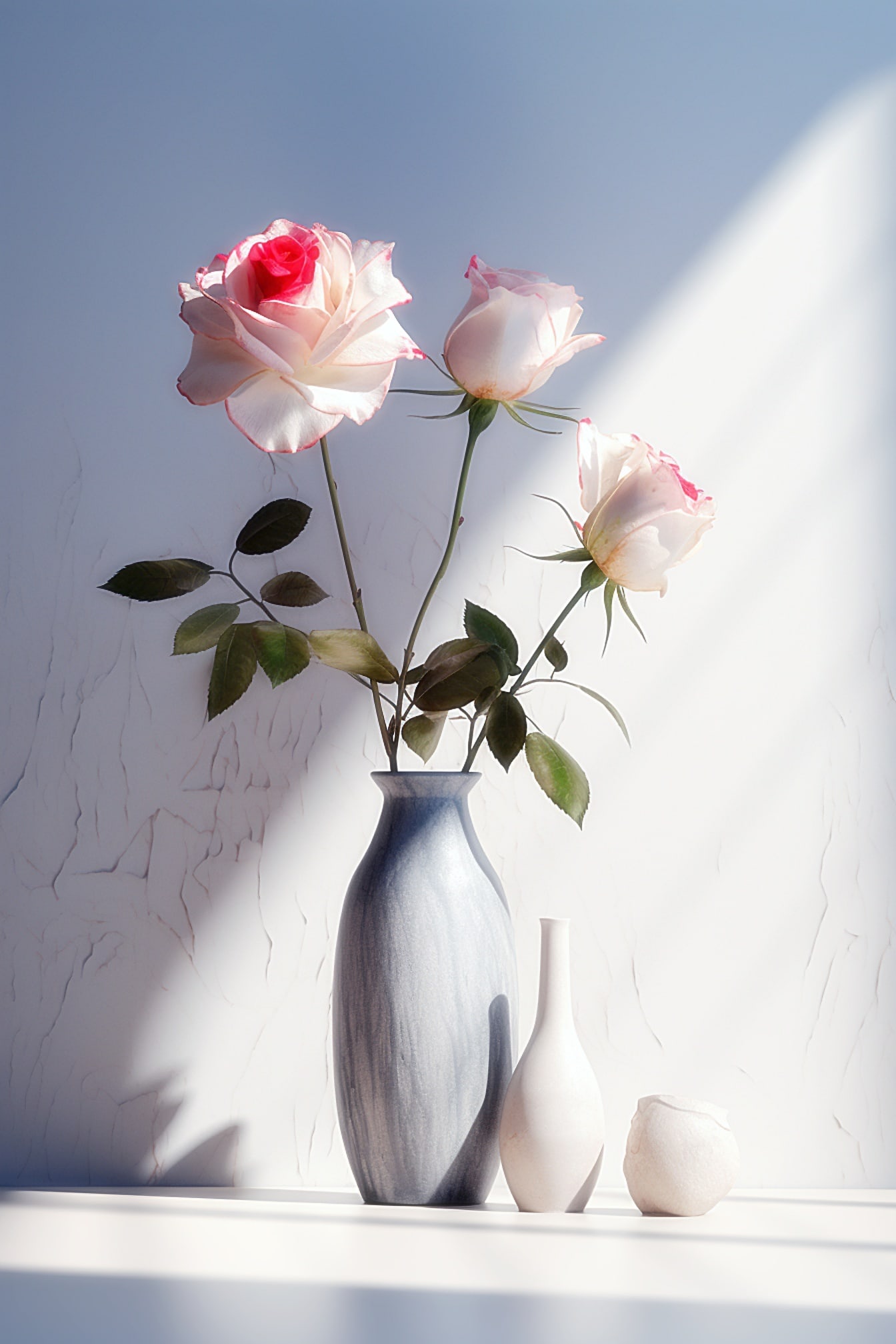 Vas dengan tiga bunga mawar dan vas di atas meja