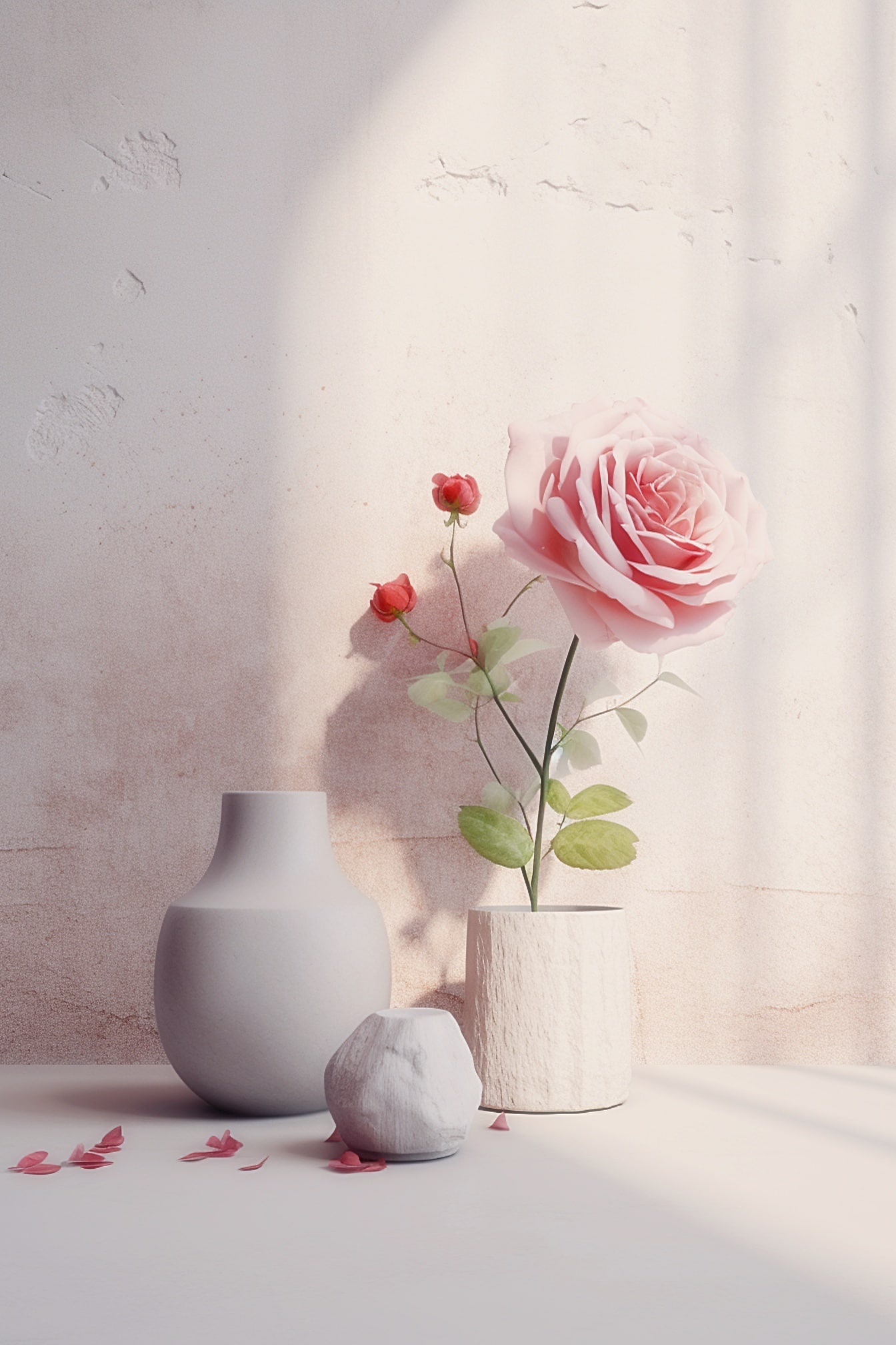또 다른 빈 꽃병과 함께 흰 돌 꽃병에 분홍색 장미