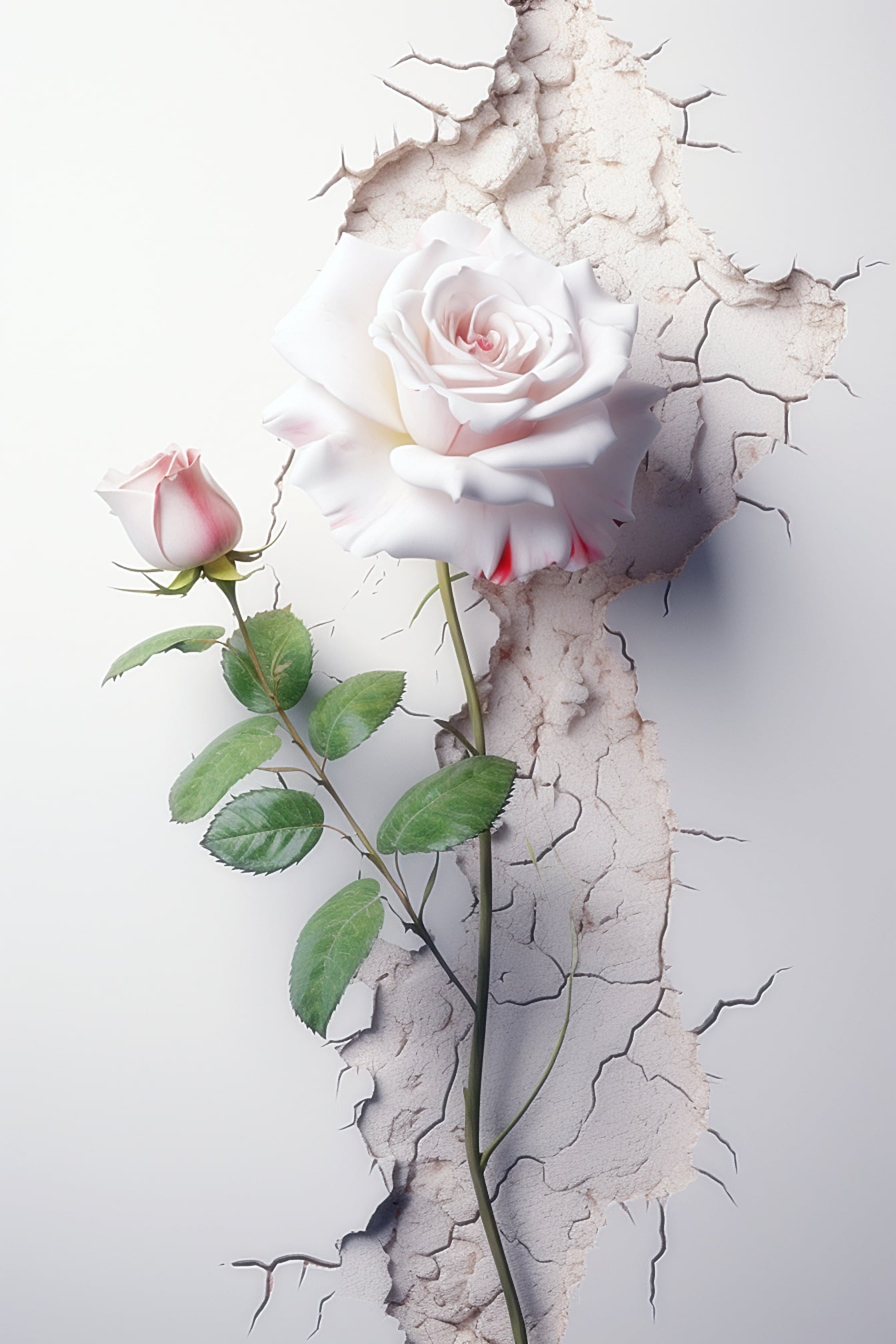 Weiße Rose mit grünen Blättern und einer rosafarbenen Rose an einer rissigen Wand