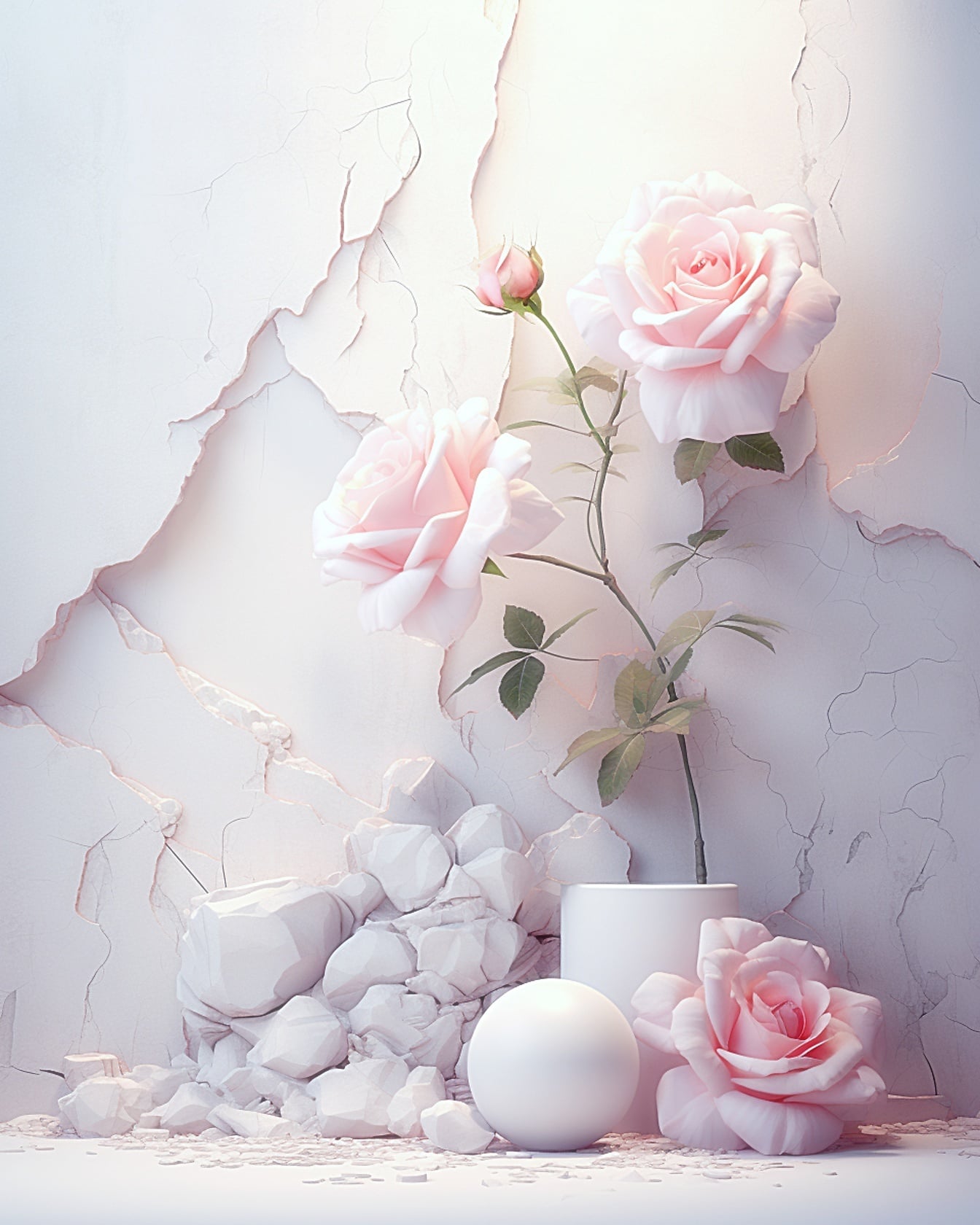 3D-s számítógép által generált rózsaszín rózsák vázában fehér bomlásgömb segítségével