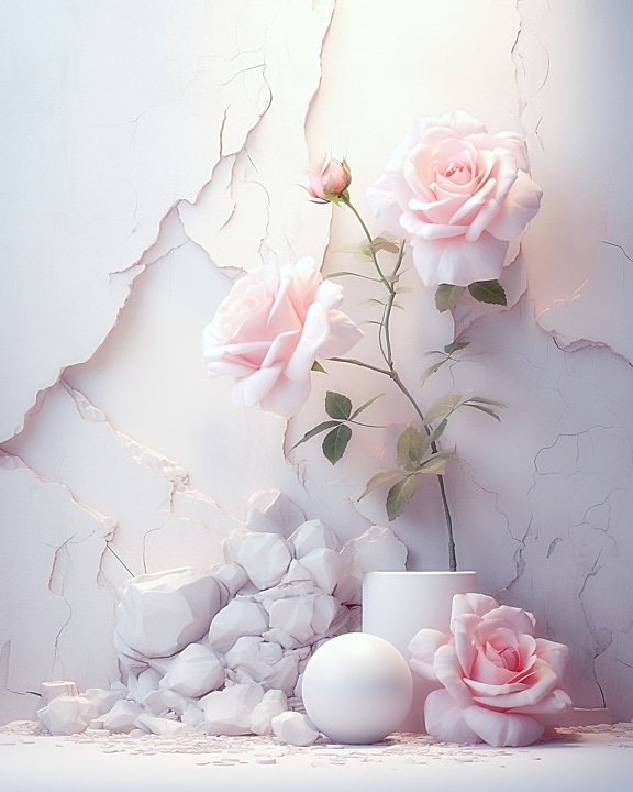 3D računarski generisane ružičaste ruže u vazi sa bijelom kuglom i zidom koji se raspada