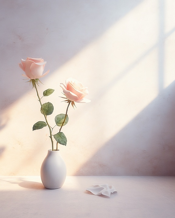 Vaas met beige rozen erin op zacht licht van venster
