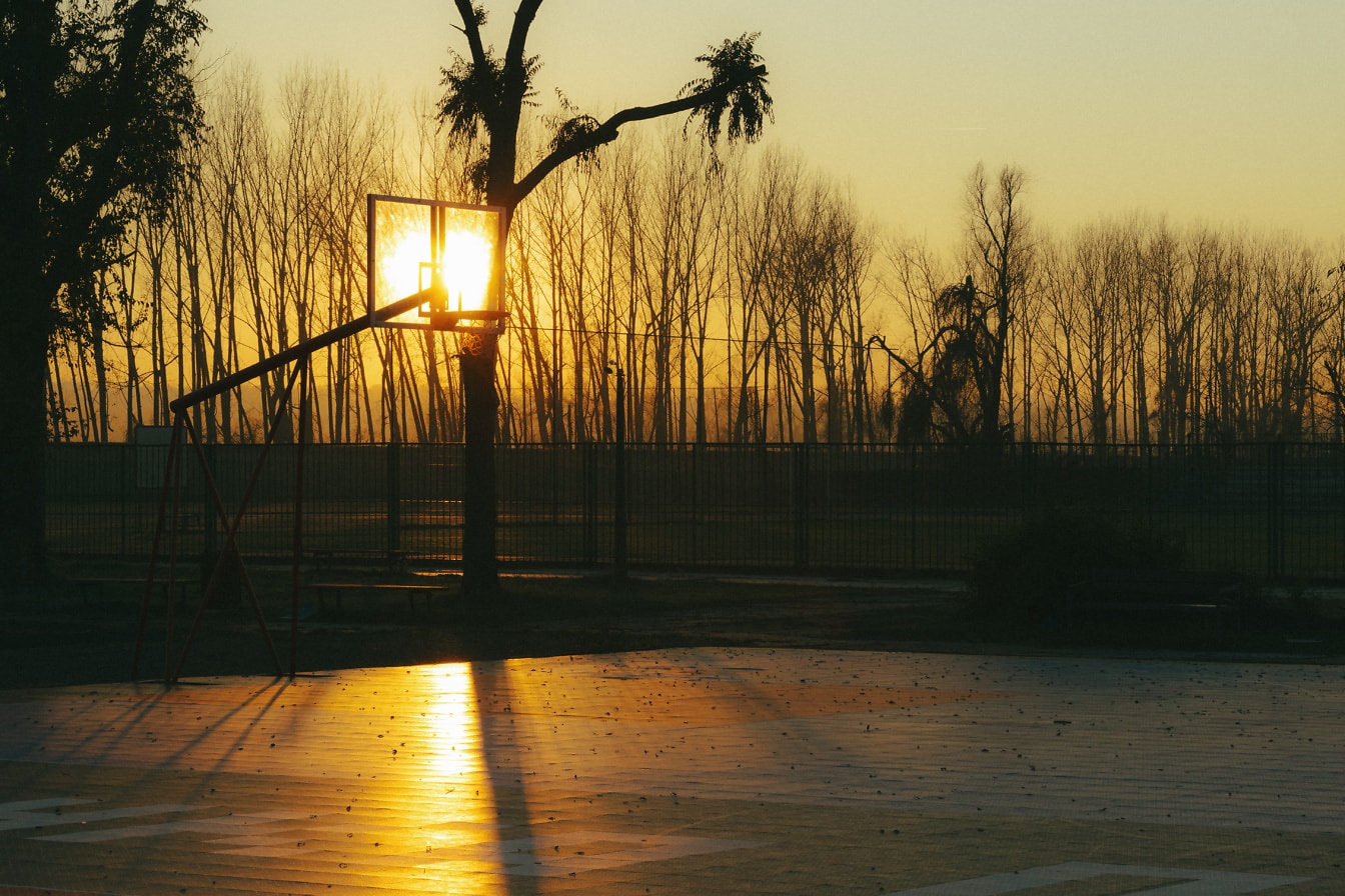 Пустая баскетбольная площадка с силуэтом деревьев в золотой час на закате