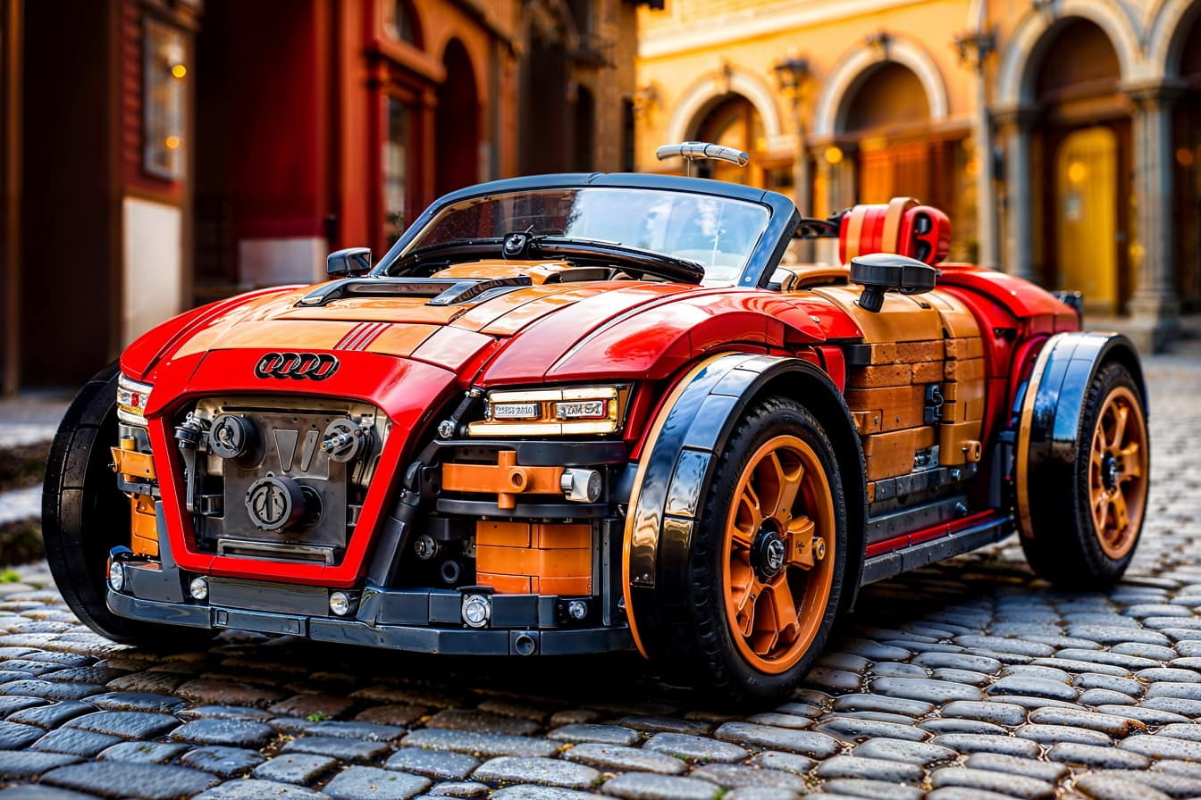 Mobil sport mainan Audi di jalan trotoar batu