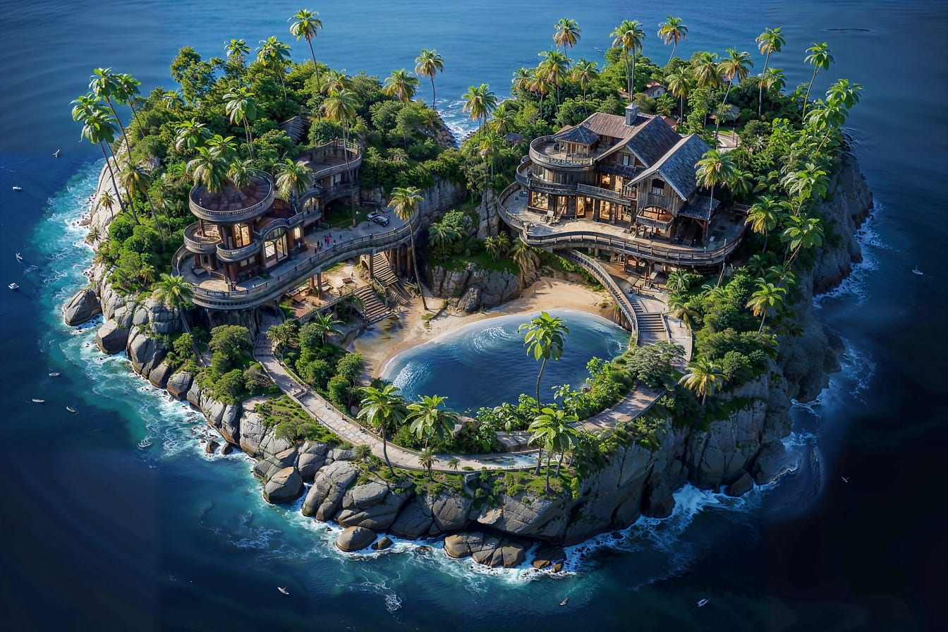Montase foto sebuah rumah di sebuah pulau kecil yang dikelilingi oleh air