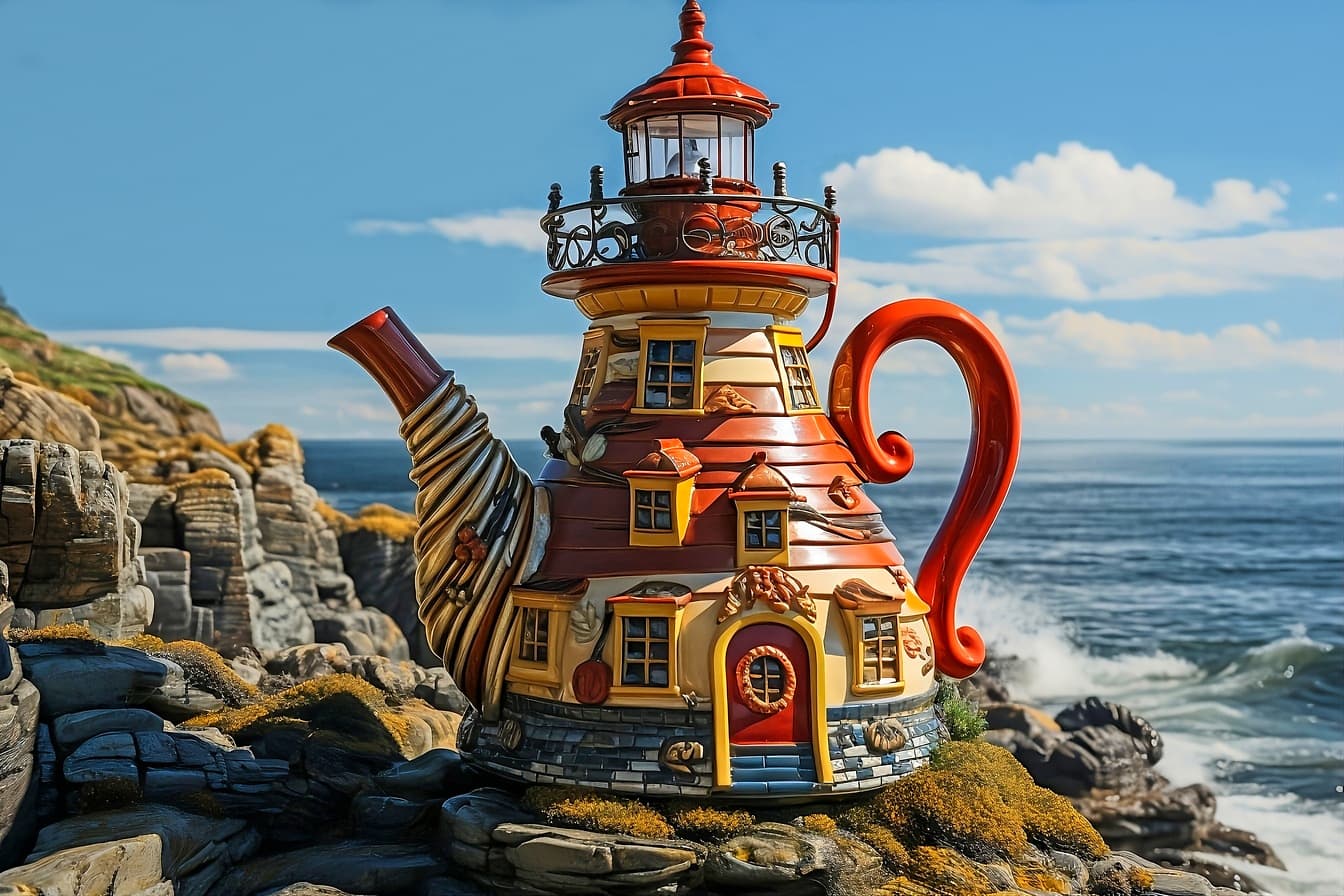 Miniaturní domek ve tvaru čajové konvice na skalách u moře v Chorvatsku