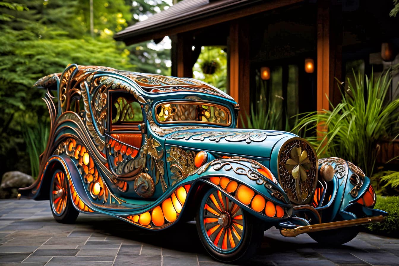 Starý zlatomodrý automobil s eklektickými ornamenty
