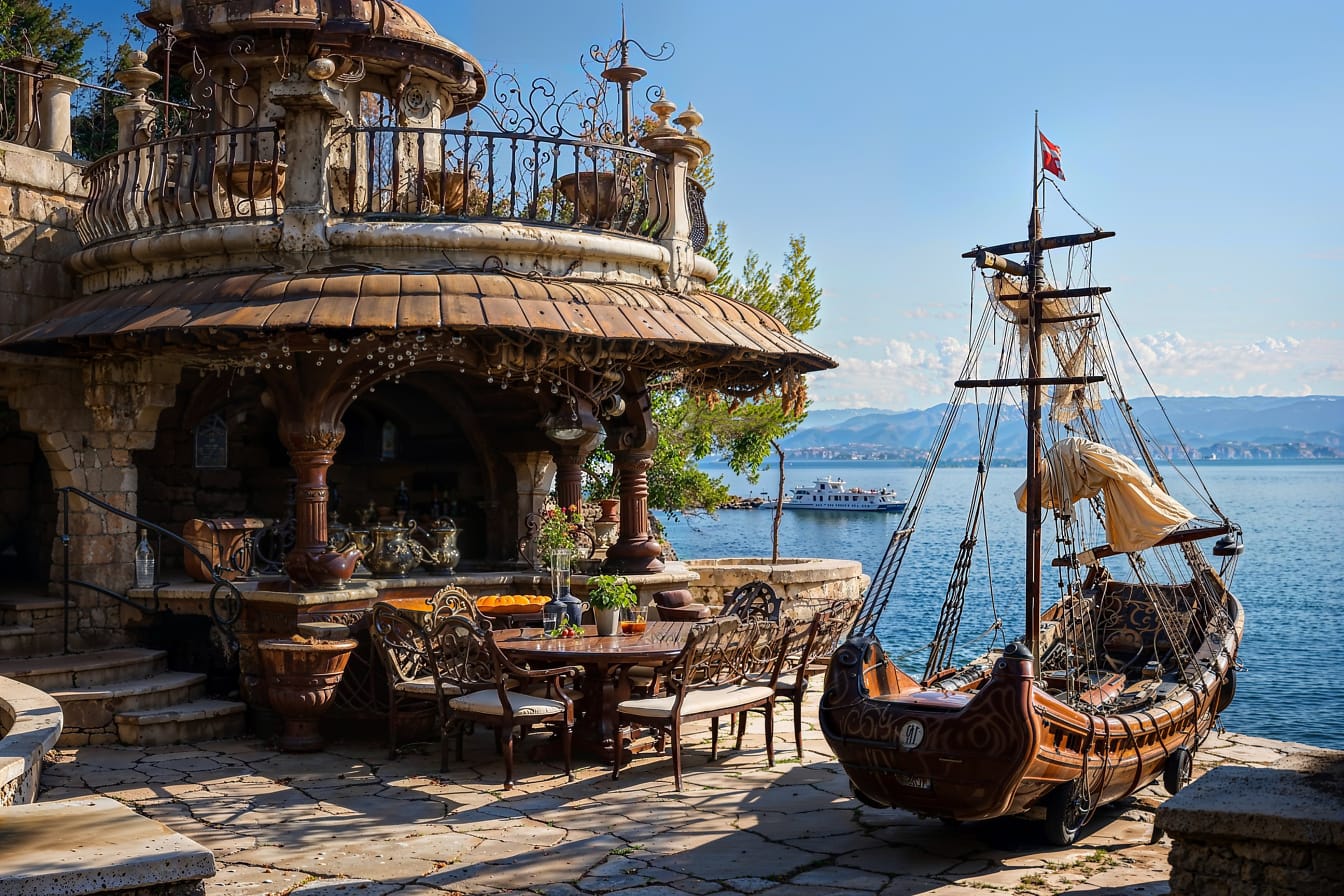 A tengerparti étterem rusztikus külseje a horvátországi kalózhajó díszítésével