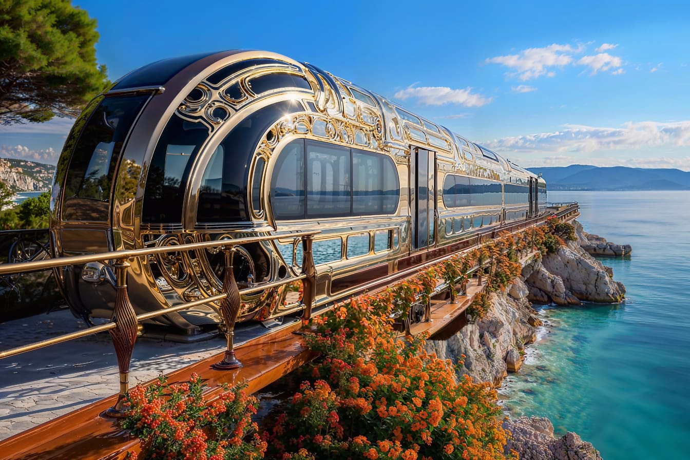 Fotomontage av det gyllene tåget på en pir på Adriatiska havet i Kroatien