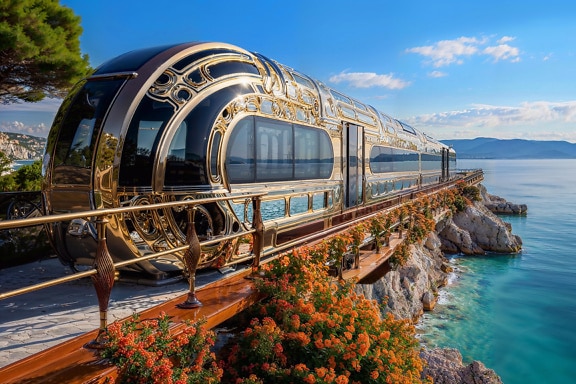 Photomontage of golden train on a pier on Adriatic sea in Croatia