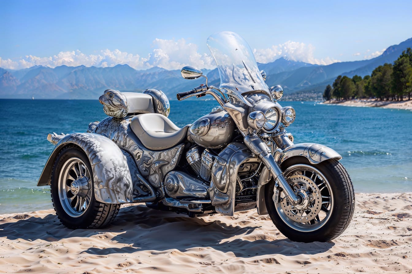 Trojkolka, motocykel zaparkovaný na pláži v Chorvátsku