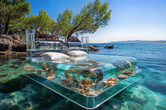Letto ad acqua galleggiante trasparente nell’acqua del mare Adriatico in Croazia