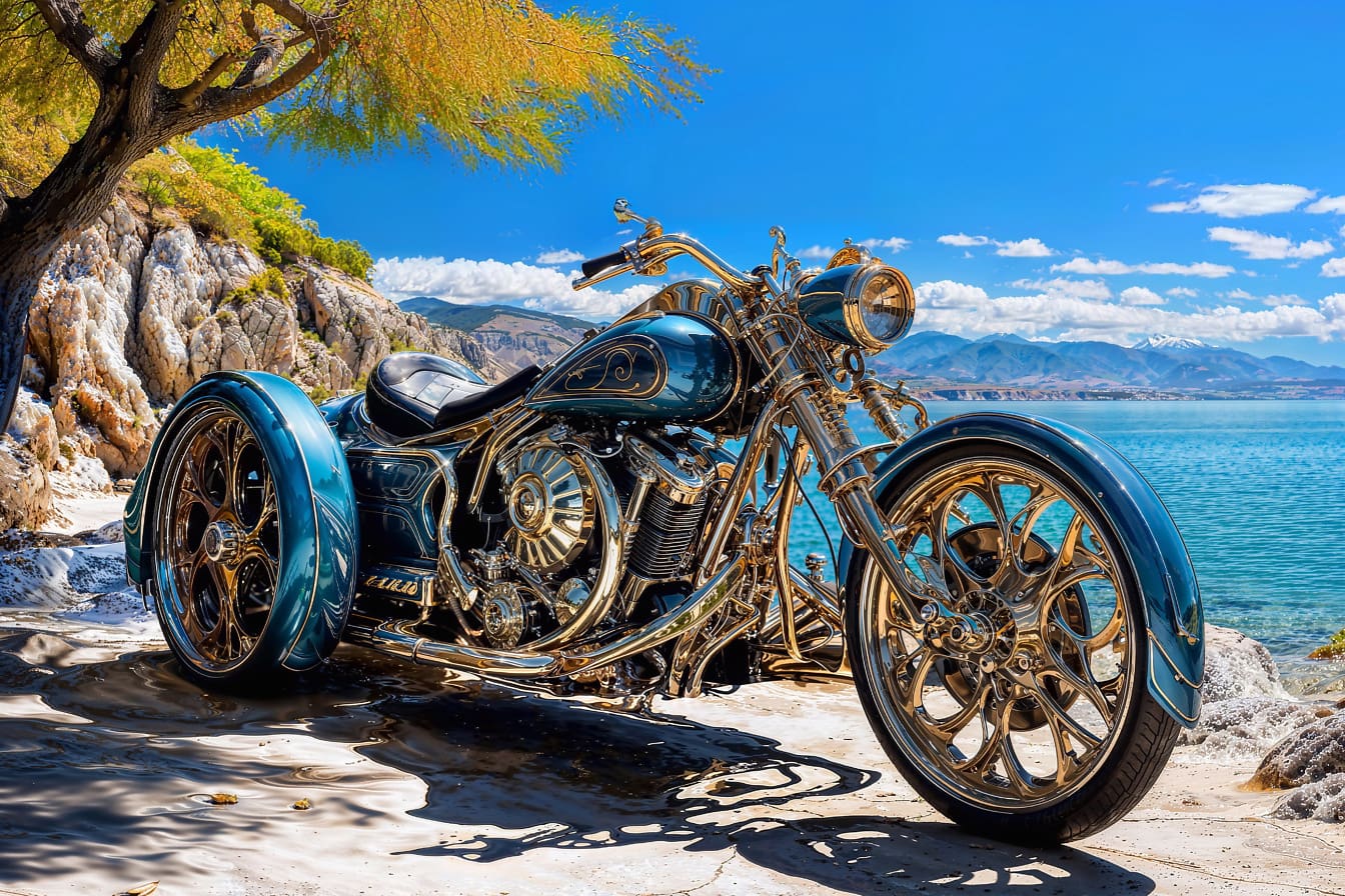 Луксозен мотоциклет по поръчка, паркиран на плаж в Хърватия