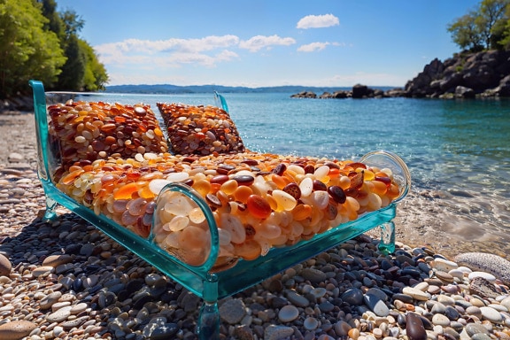 Bett mit Steinen am Strand der Adria im Resort in Kroatien