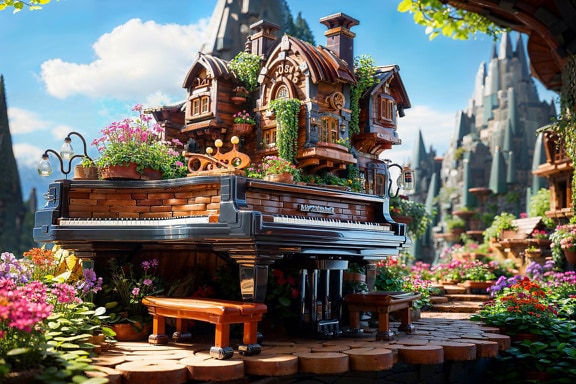 Illustration majestueuse de la maison de conte de fées au piano dans le monde des rêves