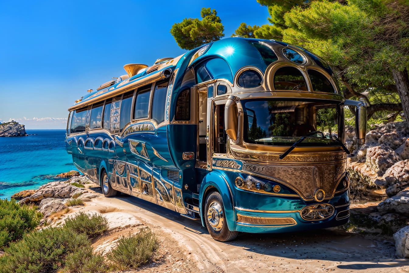 Bus motorhome biru mewah diparkir di jalan tanah di tepi laut Adriatik di Kroasia
