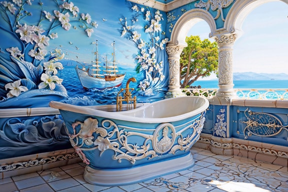 Bathroom with a large bathtub and a mural of a boat on wall