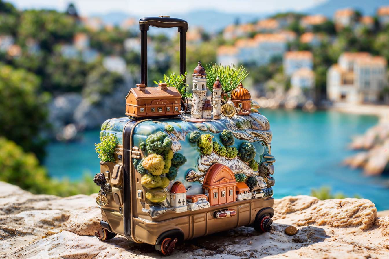 Recuerdos de juguete de maleta en miniatura con una pintura en Croacia