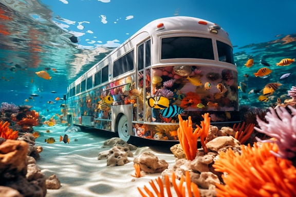 Autobús bajo el agua con peces y corales