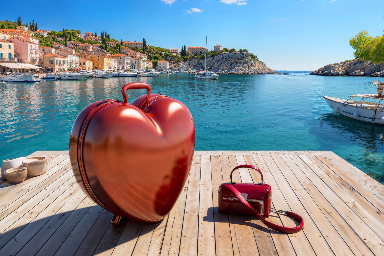 Sydämenmuotoinen matkalaukku laiturilla, joka kuvaa romanttista ystävänpäivälomaa Kroatiassa