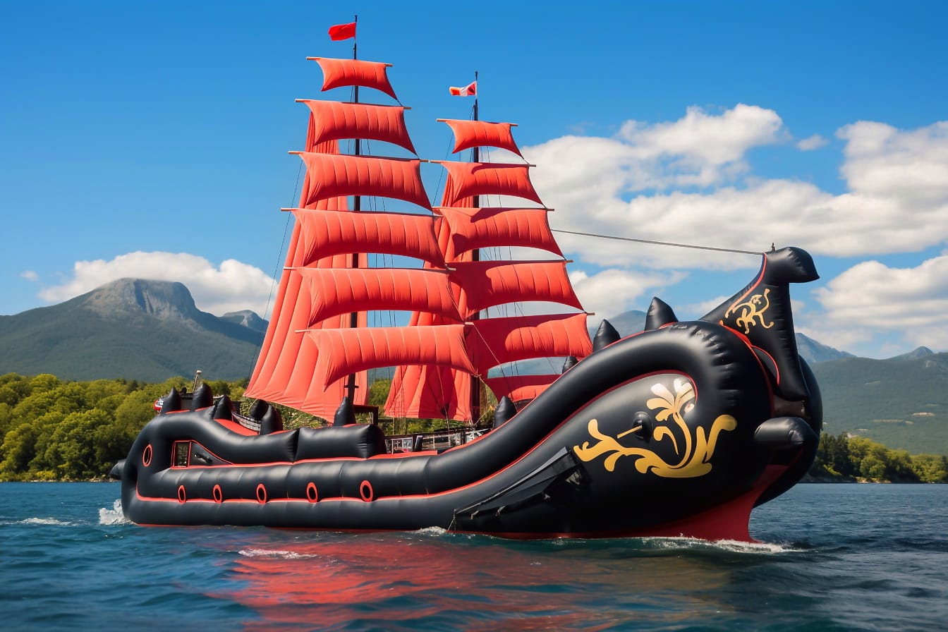 Черен и червен надуваем ветроходен кораб в Хърватия