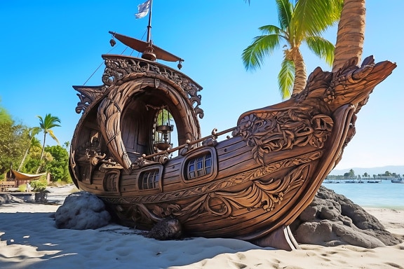 Wooden ship with carvings on it on a beach underneath palm trees