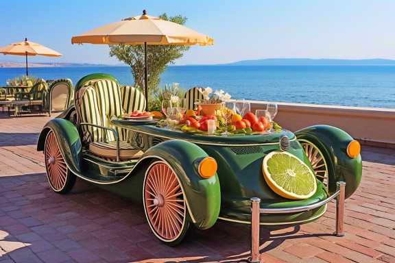Old fashioned green car with fruit on it in Croatia