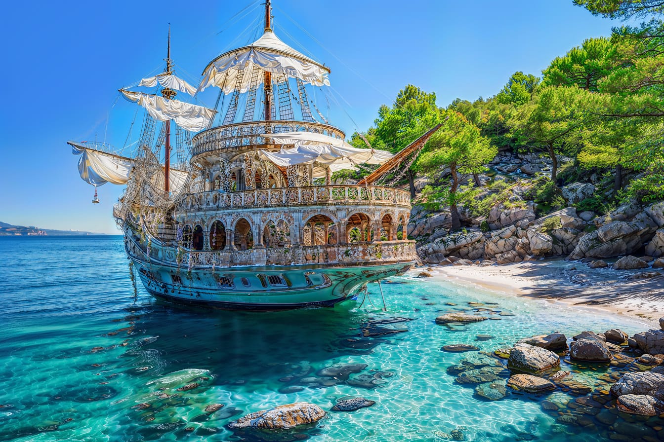 Luxusní plachetnice z 18. století na vodě v zátoce v Chorvatsku