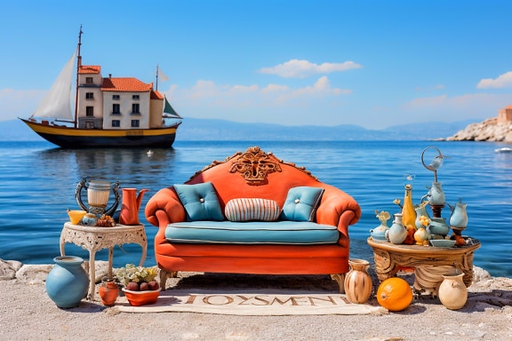 Sofa og bord på en strand med en seilbåt med hus på som bakgrunn