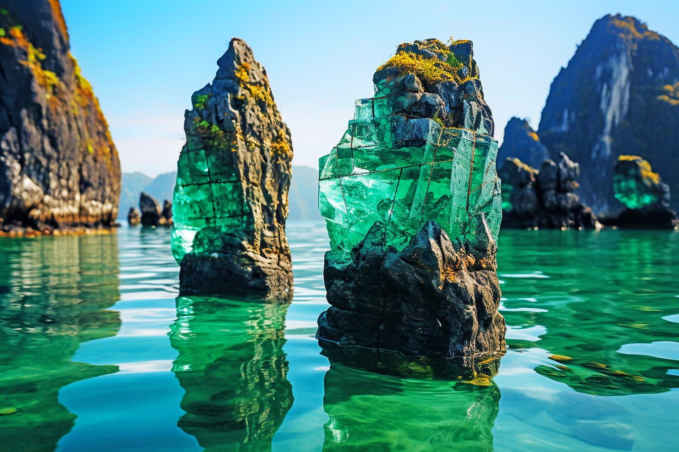 Група скали във вода със зелени кристали в тях