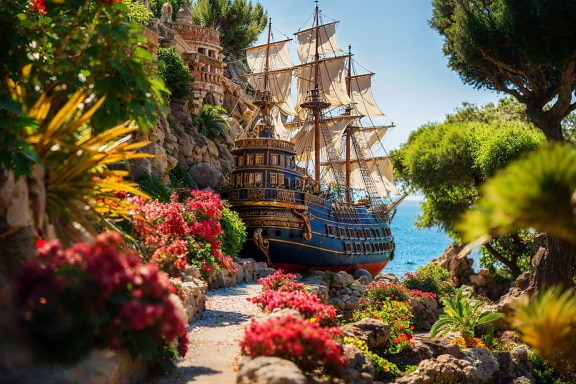 Sti i blomsterhave i forgrunden med skib fra det 18. århundrede i baggrunden