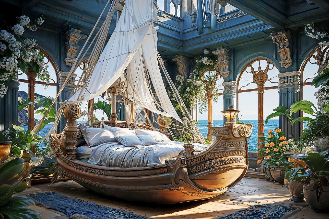 Bed in a shape of 18th century sailboat in a bedroom with a large windows