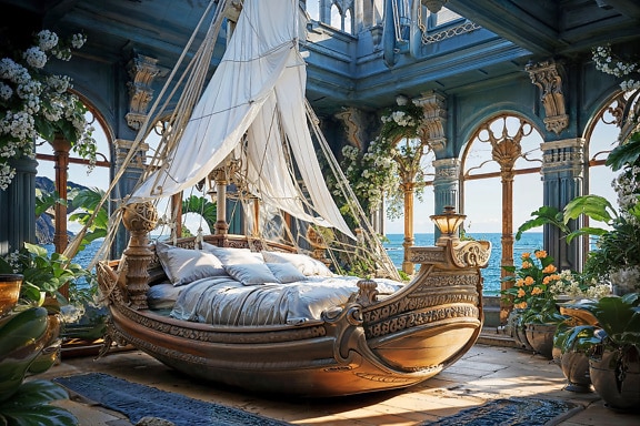 Seng i form af sejlbåd fra det 18. århundrede i et soveværelse med store vinduer