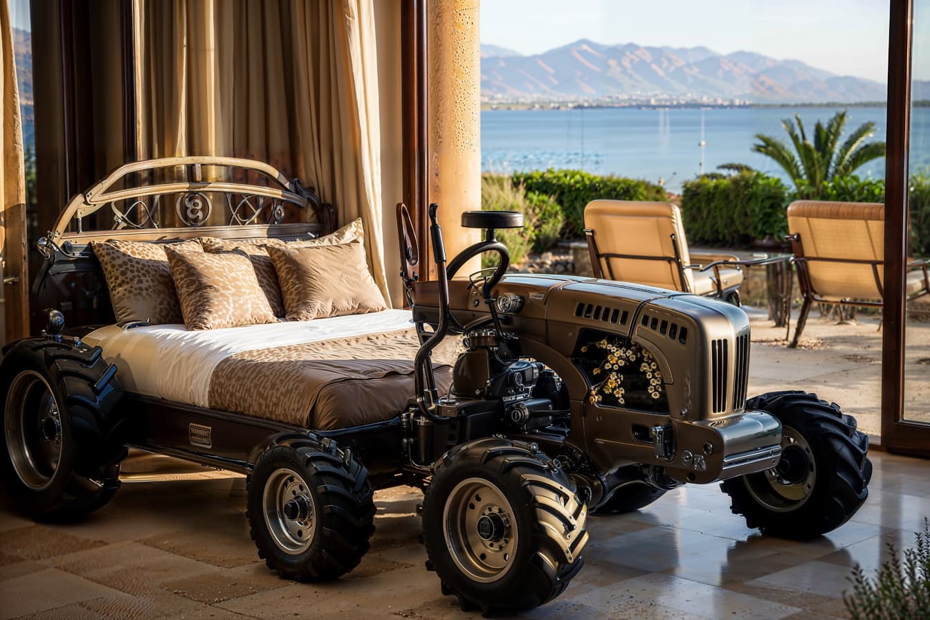 Dormitorio con una cama en forma de remolque de tractor