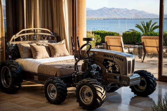 Schlafzimmer mit einem Bett in Form eines Traktoranhängers