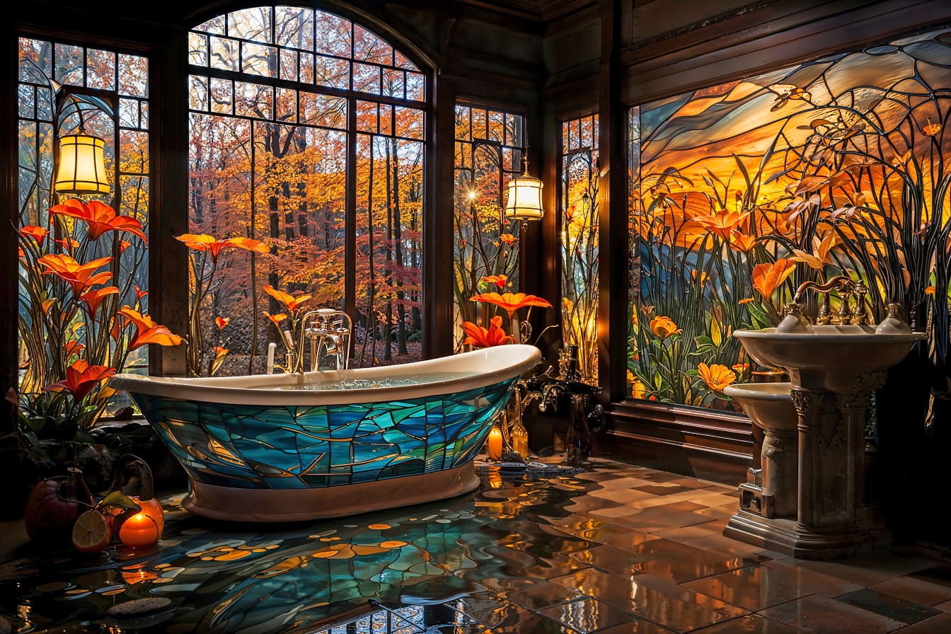 Cuarto de baño con bañera de vidrieras de lujo y pared de vidrieras