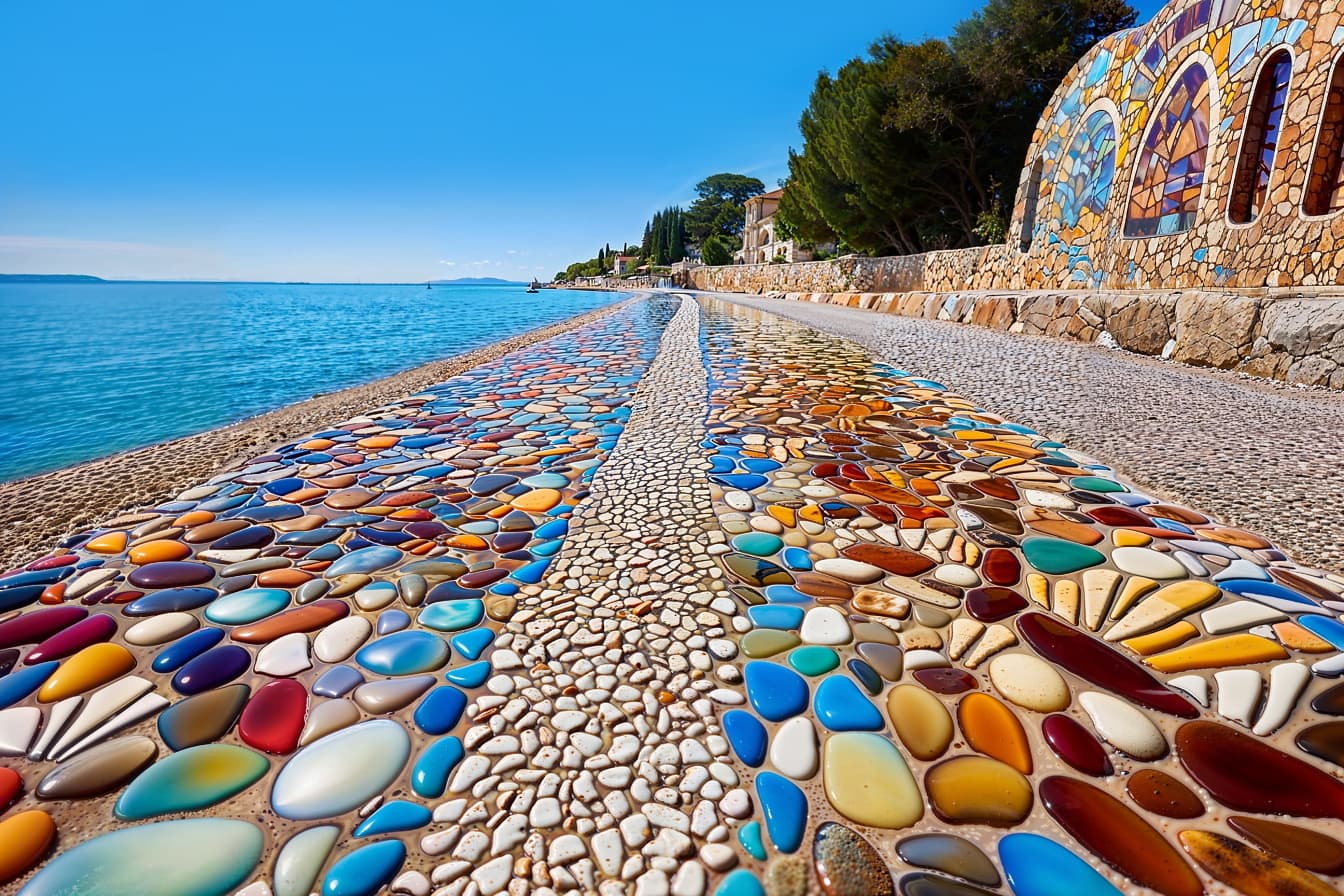 Sti med fargerike steiner på stranden i Kroatia