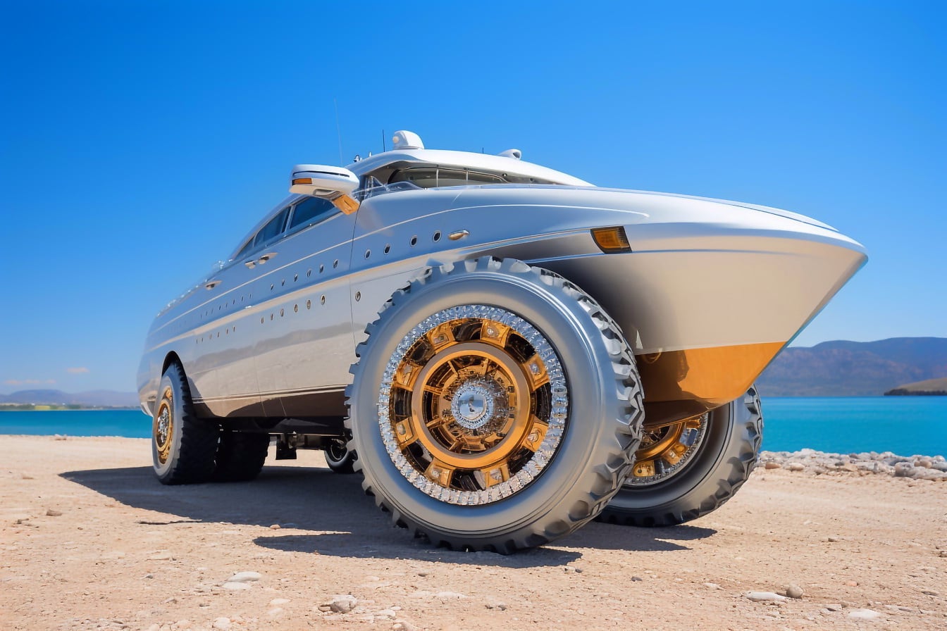 Auto s veľkou pneumatikou na boku na pláži v Chorvátsku