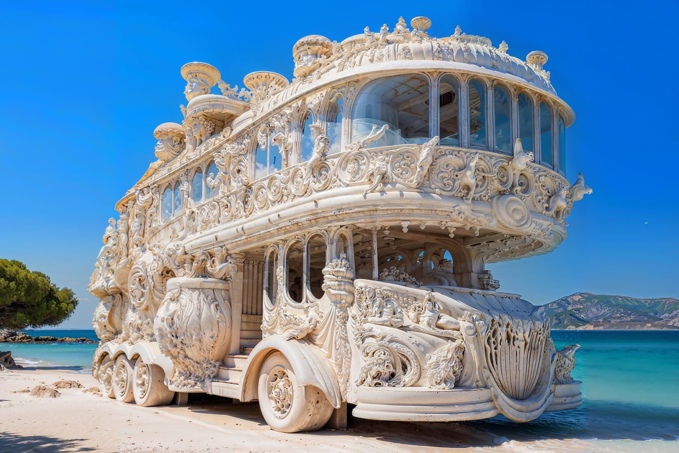 Autobus bianco con maestose sculture sulla spiaggia in Croazia